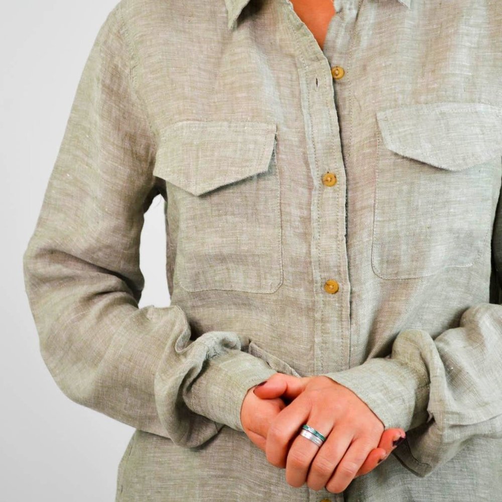 100% Linen Neutral Beige Button Down Utility Shirt Oversized XS Coastal Joe Fres - Picture 3 of 13